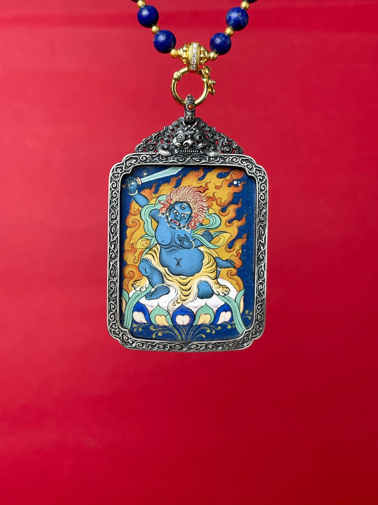 Detailed view of the refined silver casing for the Acala Thangka pendant, symbolising protection and tradition in Buddhist practice.
