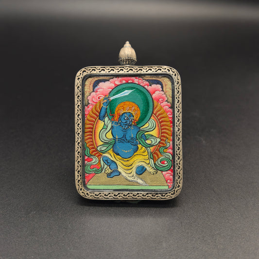 Close-up detail of the Tibet Red Cloud Acala Thangka painting showing natural mineral pigments, showcasing the masterful artistry of the hand-painted tradition.