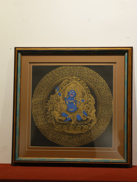 A Tibetan Buddhist thangka depicting Achala Vidyaraja with the six-syllable mantra, symbolizing immovable wisdom and spiritual protection.