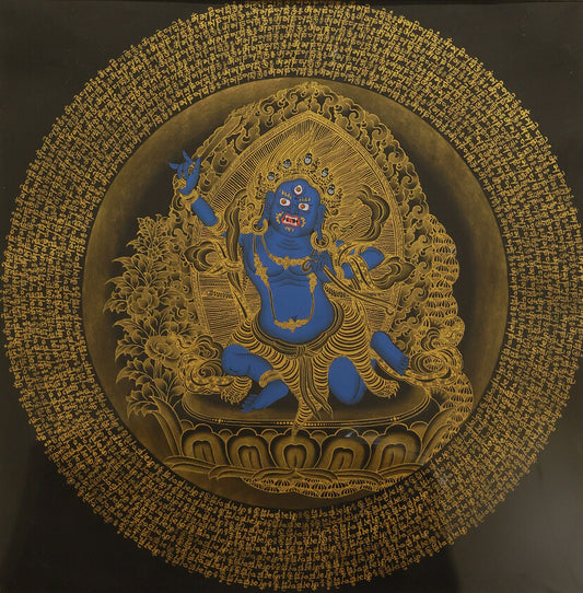 Esoteric Tibetan Buddhist thangka of Achala Vidyaraja, highlighting tantric symbolism and the sacred six-syllable mantra.