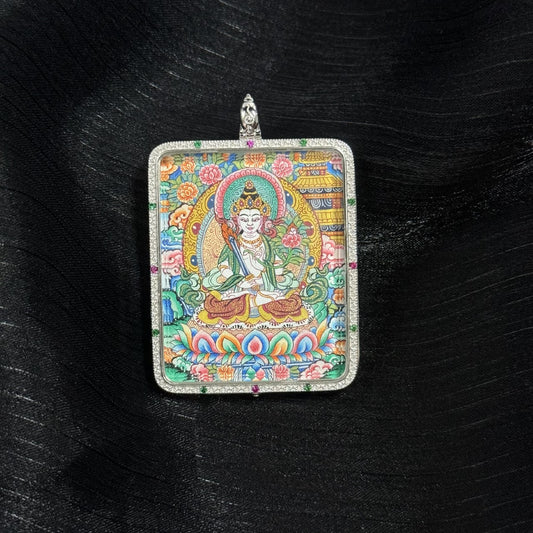A 4x5cm hand-painted Akasagarbha Bodhisattva with Eight Guardians and Mandala Thangka pendant featuring the Treasury of Space, representing wealth and protection in Tibetan Buddhist tradition.