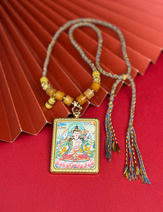 Hand-painted Nepal Akasagarbha (虚空藏菩萨) Thangka pendant 4x5cm with titanium casing featuring the wealth deity of the Buddhist realm and treasury deity, representing eight directions noble support and wealth in Buddhist tradition.