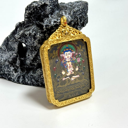 Hand-painted Nepal Black Gold Akasagarbha Thangka pendant featuring the Bodhisattva of Treasury, copper casing, representing wealth and merit in Tibetan Buddhist tradition.