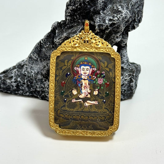 Close-up detail of the Nepal Black Gold Akasagarbha Thangka painting showing intricate natural mineral pigment work, showcasing the masterful artistry of Nepali lineage painters.