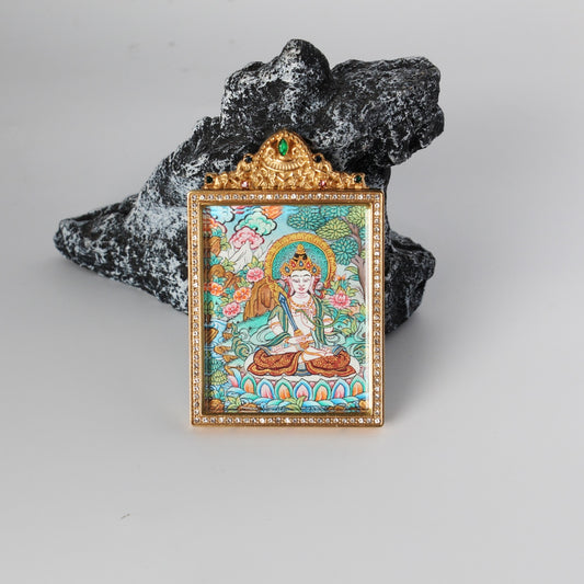 The Nepal Premium Akasagarbha Thangka pendant displayed as a sacred amulet for wealth and noble support, embodying Tibetan Buddhist tradition.