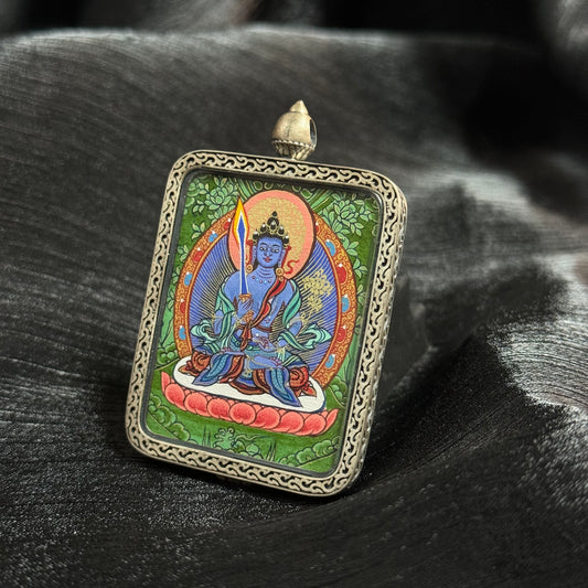 A 3.5x4.5cm hand-painted Rekong Cuiying series Akasagarbha (Treasury of Space) Thangka pendant featuring the wealth deity, representing wealth and protection in Buddhist tradition.