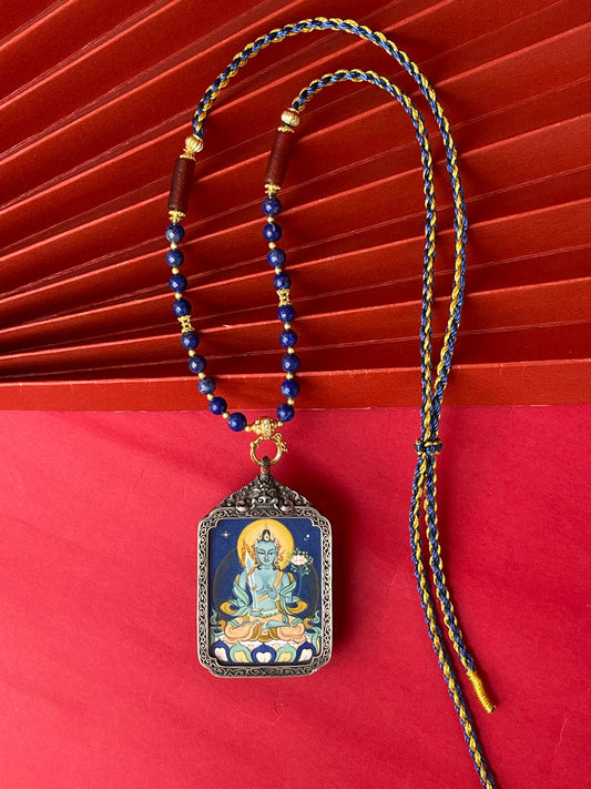 Hand-painted Tibet Akasagarbha (虚空藏菩萨) Thangka pendant 3.5x4.5cm with refined silver casing featuring the Bodhisattva of the Treasury of Space, representing wealth and noble help in Buddhist tradition.
