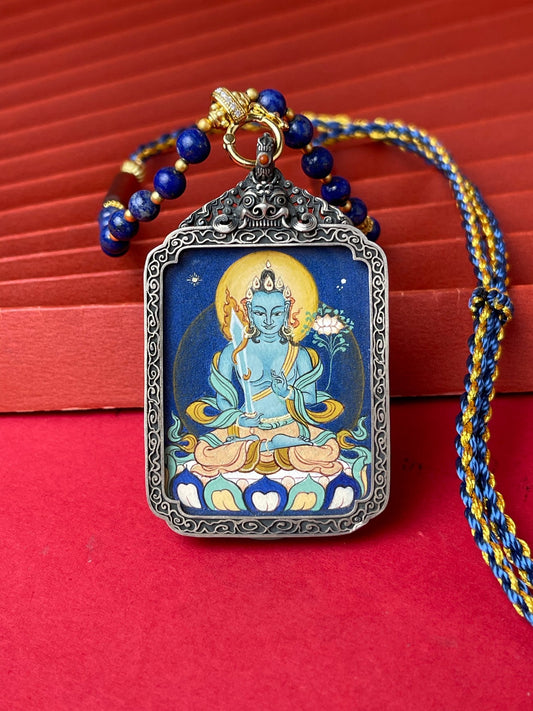 Close-up detail of the Tibet Akasagarbha Thangka showing hand-painted mineral pigments, showcasing the Tibet Coarse series artistry.