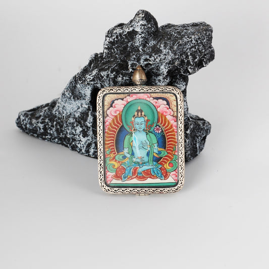 Hand-painted Tibet Red Cloud Akasagarbha Bodhisattva Thangka pendant featuring the Bodhisattva of the Treasury of Space, encased in titanium steel, representing wealth and merit in Tibetan Buddhist tradition.