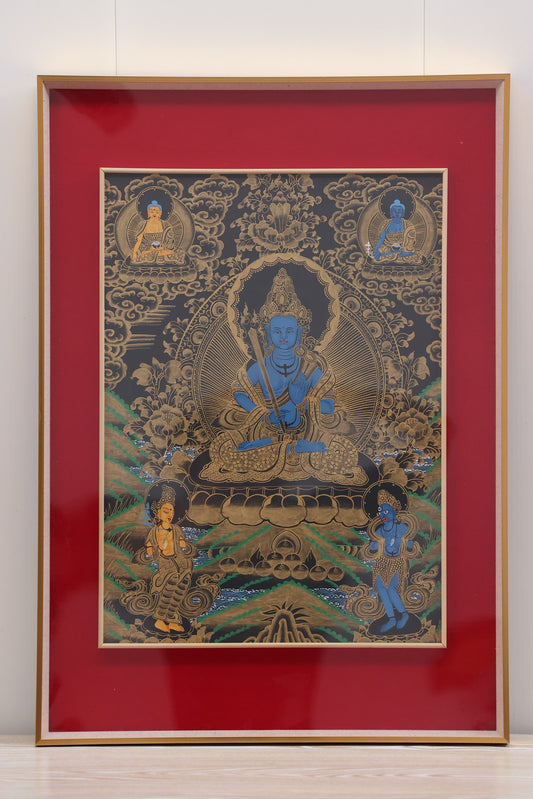 Blue Akashagarbha Bodhisattva Merit Accumulation Thangka – authentic Tibetan art for growing positive karma and wisdom.