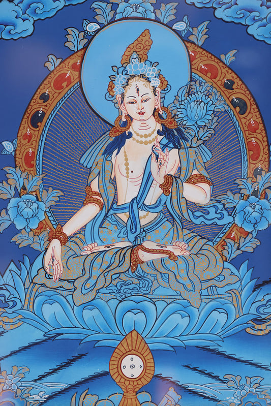 Hand-painted Akashagarbha Bodhisattva Thangka depicting infinite wisdom and accumulated merit in Tibetan Buddhist art