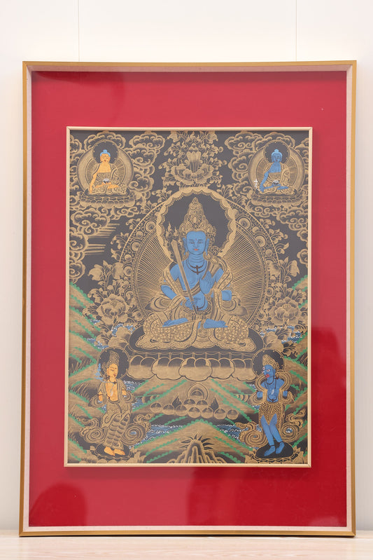 Akashagarbha Blue Body Thangka – authentic Tibetan art representing void-like wisdom and abundant merit.