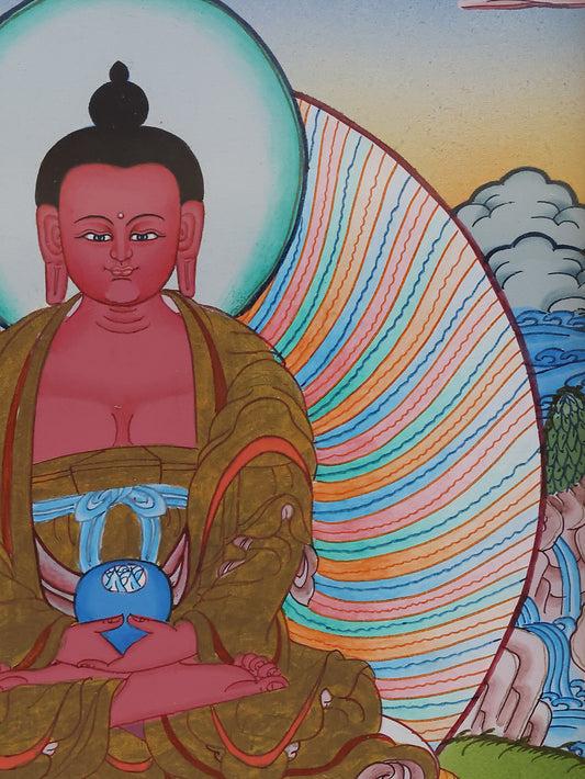 Vibrant Amitabha Buddha Thangka depicting the sacred figure in rich, colorful detail.