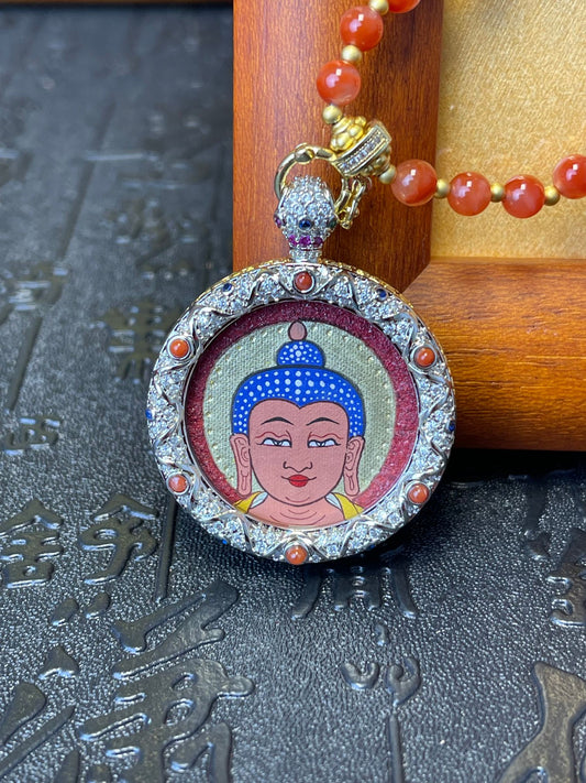 Hand-painted Rekong Amitabha Buddha Head (阿弥陀佛 · 佛首) Thangka pendant 3cm with hand-woven cord, Buddha Head series.