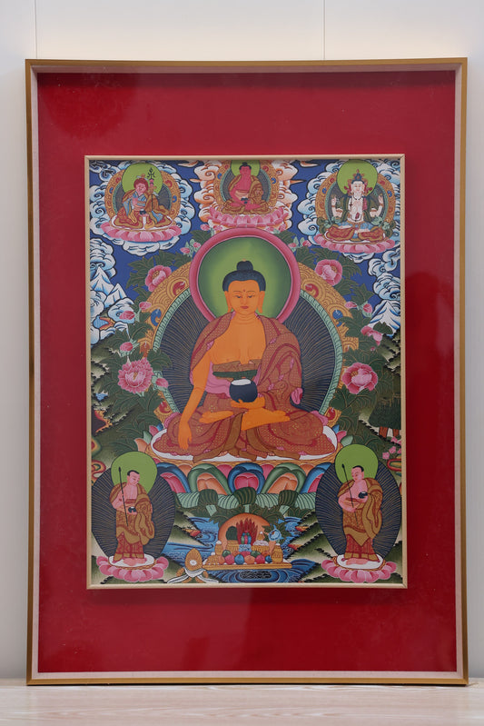 Tibetan Buddhist thangka of Amitabha Buddha in Sukhavati, the Western Pure Land filled with lotus ponds and divine light.