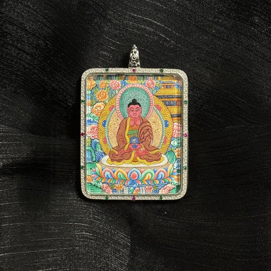 A 4x5cm hand-painted Amitabha with Eight Guardians and Mandala Thangka pendant featuring the Lord of the Western Pure Land, representing liberation and pure-land aspiration in Tibetan Buddhist tradition.