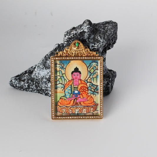 Close-up detail of the Nepal Elegant Amitabha Thangka painting showing intricate natural mineral pigment work, showcasing the masterful artistry of Nepali lineage painters.