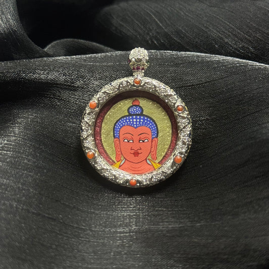 Close-up detail of the Rekong Red-Gold Amitabha Buddha Head Thangka painting showing mineral pigments and gold leaf, showcasing the masterful artistry of Rekong lineage painters.