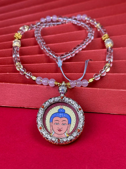 Hand-painted Rekong Red Gold Amitabha (阿弥陀佛) Thangka pendant 3.5cm with copper casing featuring the symbol of universal salvation, representing transcendent wisdom and life smooth throughout in Buddhist tradition.
