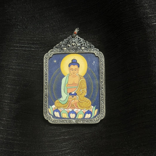 Close-up detail of the Amitabha Tibet Coarse Thangka painting showing intricate natural mineral pigment work, showcasing the artistry of Tibetan lineage painters.