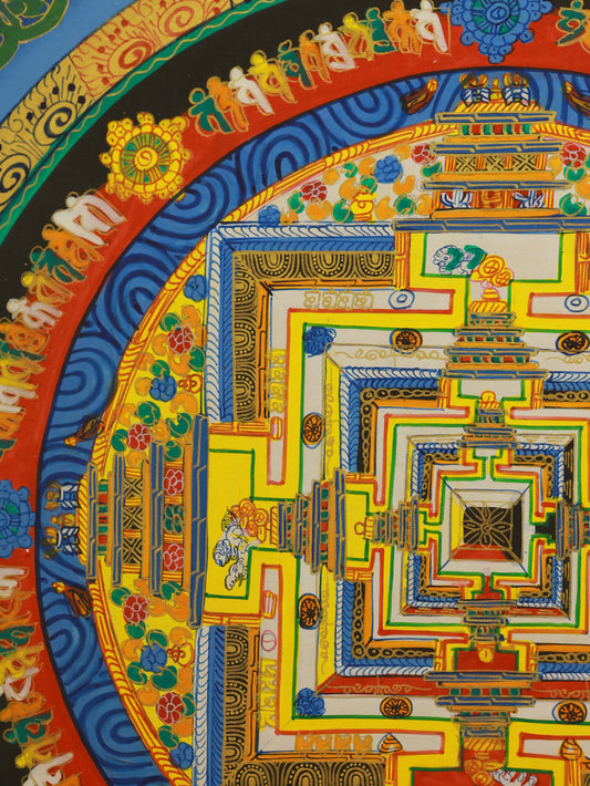 Tibetan Buddhist Vajradhatu Mandala thangka illustrating the Five Dhyani Buddhas and the sacred geometric palace of wisdom.