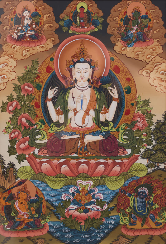 Handpainted Tibetan Four-Armed White Avalokiteshvara Thangka – sacred art of the Bodhisattva of Compassion in Tibetan Buddhism.