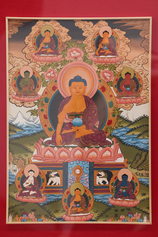 Sacred Bhaisajyaguru mandala thangka from Tibetan Buddhist tradition, representing medicine, compassion, and inner balance.