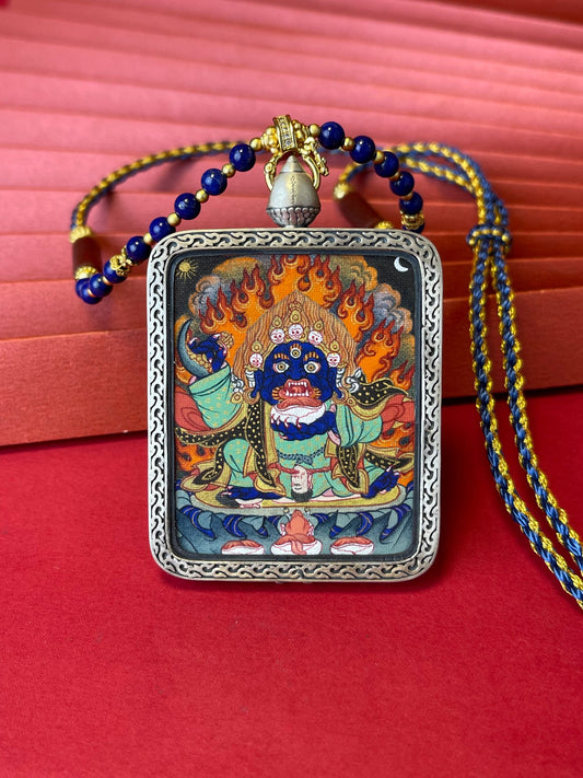 Hand-painted Tibet Black-Cloak Mahakala (黑袍怙主) Thangka pendant 3.5x4.5cm with copper casing featuring Dharma protector, representing remove obstacles and bestow siddhis in Buddhist tradition.