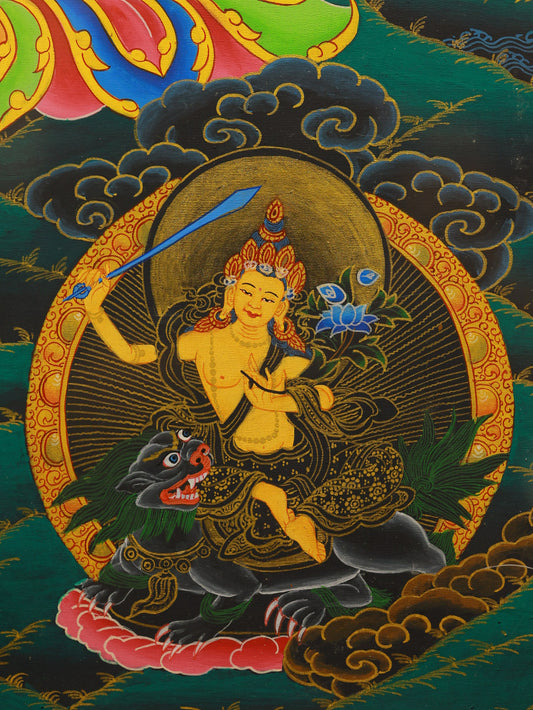 Black gold Panchamukha Manjushri thangka depicting the five-faced wisdom deity in Tibetan Buddhism