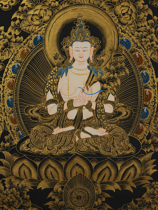 Black and gold Tibetan Buddhist Mahasthamaprapta Bodhisattva thangka, hand-painted sacred artwork"