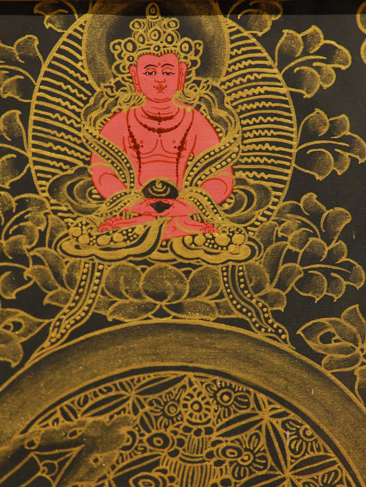 Black gold Manjushri wisdom Buddha thangka symbolizing supreme knowledge in Tibetan Buddhism