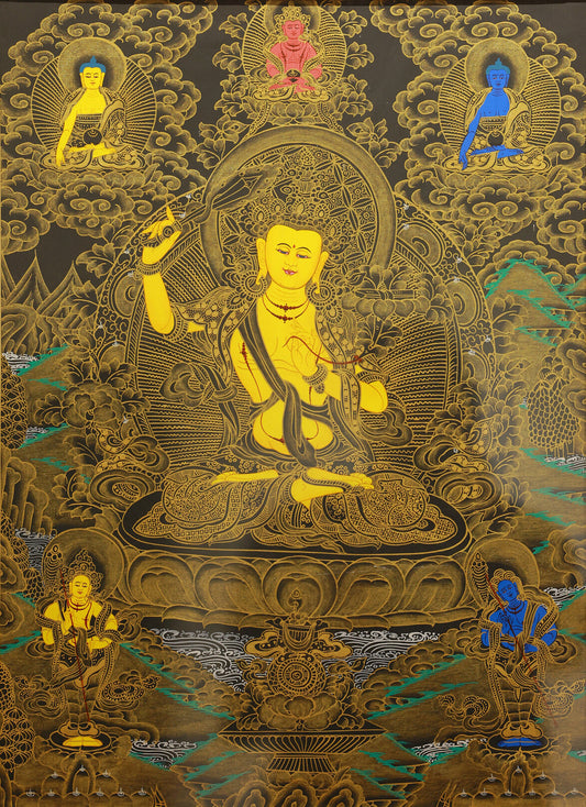 Black gold Manjushri Bodhisattva thangka depicting the Buddhist deity of wisdom in Tibetan Buddhist art