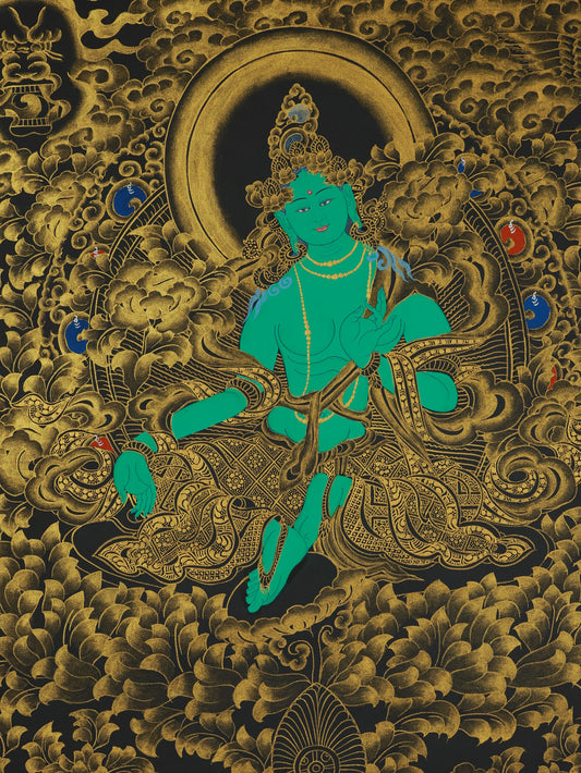 Black gold Green Tara thangka depicting compassionate liberation in Tibetan Buddhist art
