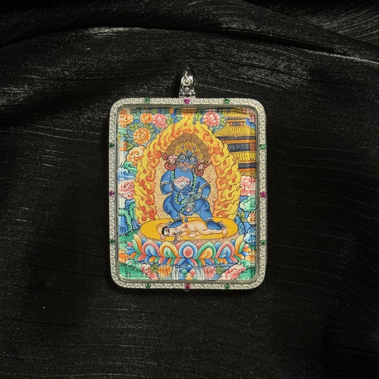 A 4x5cm hand-painted Black Jambhala with Mandala Thangka pendant featuring the King of Wealth Deities, representing swift wealth blessing and protection in Tibetan Buddhist tradition.