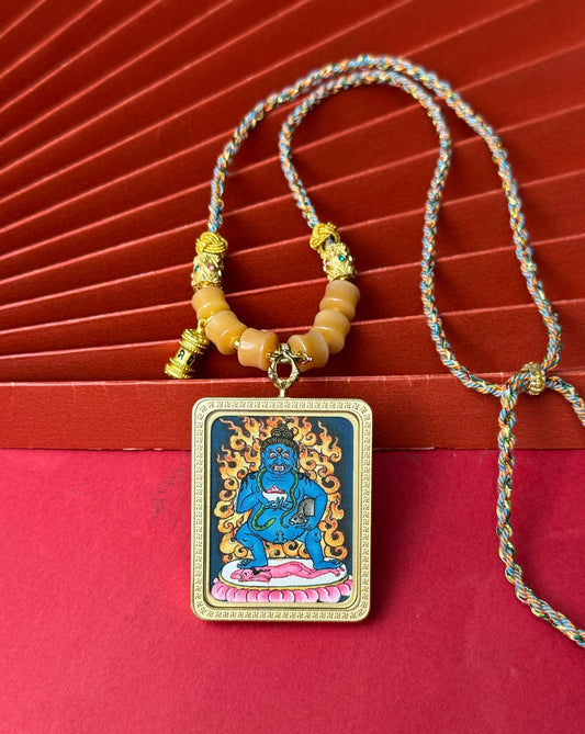 Hand-painted Nepal Black Jambhala (黑财神) Thangka pendant 3.5x4.5cm with hand-designed cord featuring the king of wealth deities, representing instant bestowal of wealth in Buddhist tradition.