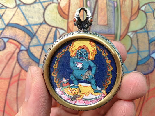 Close-up detail of the Tibet Card Black Jambhala Thangka showing gold cinnabar orpiment lapis, Tibet Card series artistry.