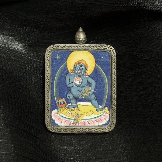 Hand-painted Tibet Coarse Black Jambhala Thangka pendant featuring the King of Wealth with immediate wealth-bestowing effect, encased in Dunhuang Nine-Colour Deer silver, representing swift fortune and protection in Tibetan Buddhist tradition.