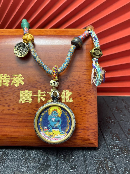 Hand-painted Tibet Coarse Black Jambhala (黑财神) Thangka pendant 3.5cm with 925 silver casing, king of wealth deities, Tibet Coarse series.