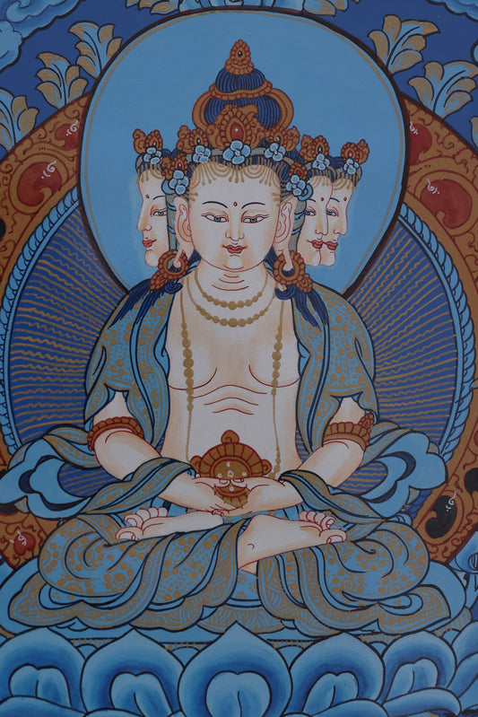 Hand-painted Mahavairocana Buddha Thangka in blue, representing cosmic wisdom in Tibetan Buddhism