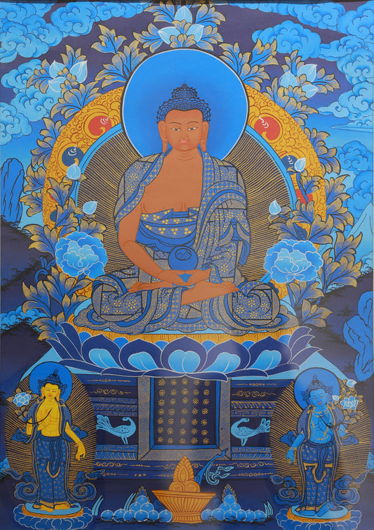 Hand-Painted Tibetan Blue Thangka of Medicine Buddha’s Lapis Lazuli Pure Land: In-Depth Analysis of Theme, Deities, and Craftsmanship