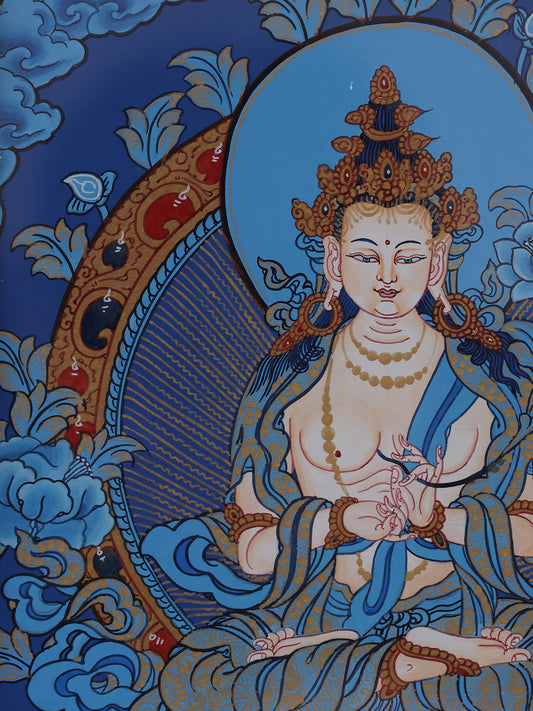 Tibetan blue thangka depicting Mahasthamaprapta Bodhisattva as a Pure Land companion of Amitabha Buddha