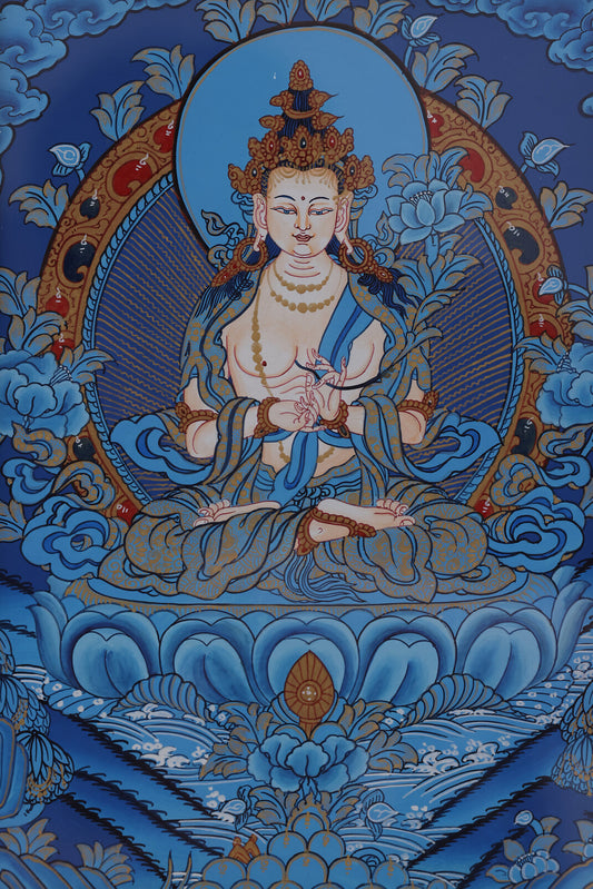 Blue Thangka of Mahasthamaprapta Bodhisattva symbolizing wisdom and spiritual power in Tibetan Buddhist culture