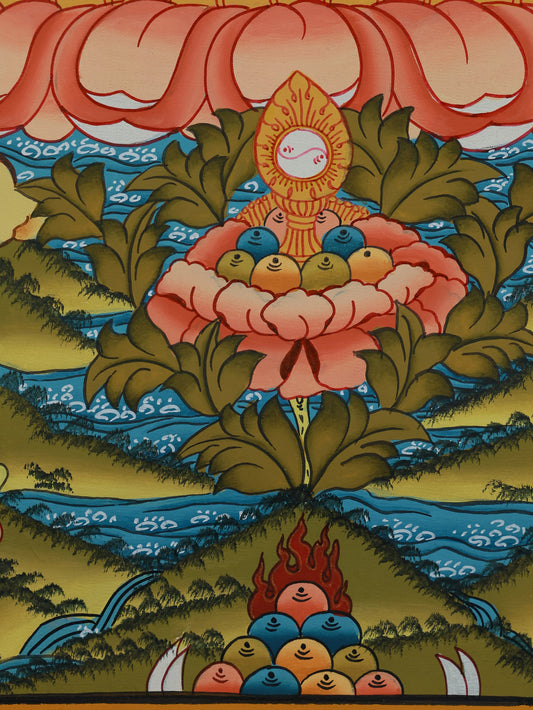 Traditional Tibetan Buddhist color thangka of Jambhala, guardian of wealth and abundance