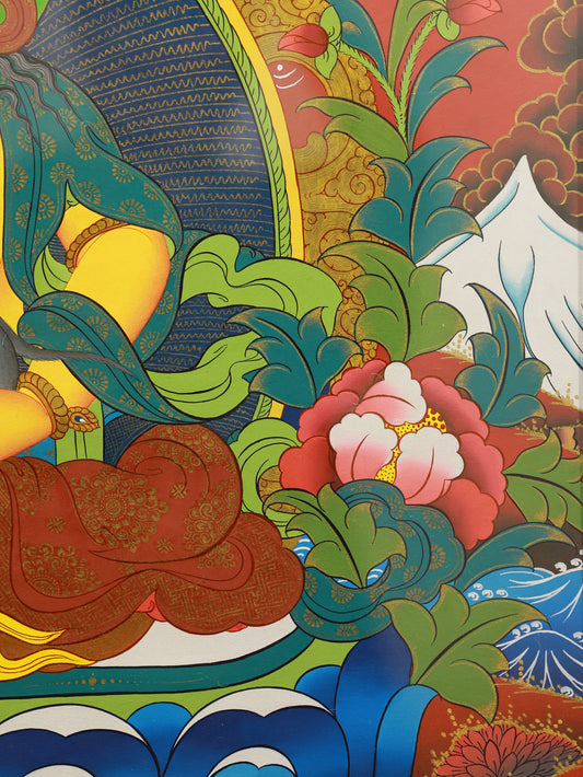 Color thangka depicting Yellow Jambhala and the Five Ways of Wealth Deities in traditional Tibetan Buddhist art style.