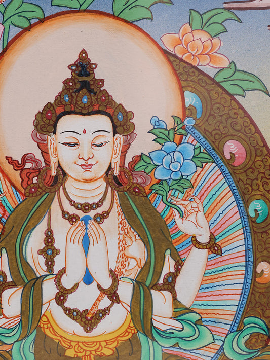 Traditional Tibetan color thangka of Four-Arm Chenrezig, Bodhisattva of infinite compassion in Vajrayana Buddhism