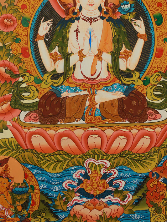 Regong-style Thangka of Chenrezig with four arms, showing intricate detailing and vibrant mineral pigments.