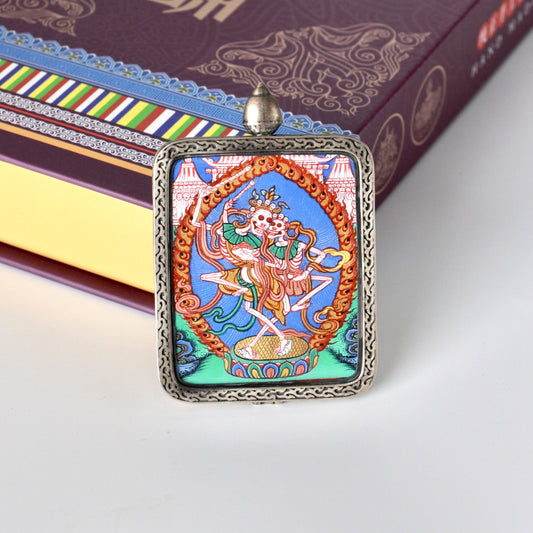Hand-painted Rebgong Chitipati (Lords of the Charnel Ground) Thangka pendant featuring the reminder of impermanence, Dunhuang silver case, representing wisdom and liberation in Tibetan Buddhist tradition.