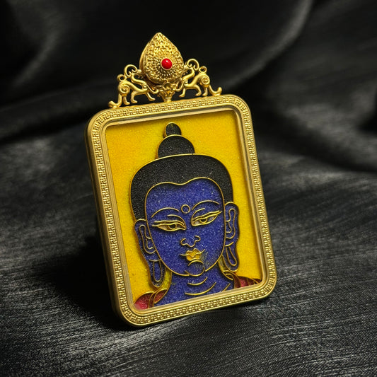 A 4x5cm cloisonné Bhaisajyaguru (Medicine Buddha) Thangka pendant with copper 24K gold-plated casing, representing healing and longevity in Buddhist tradition.
