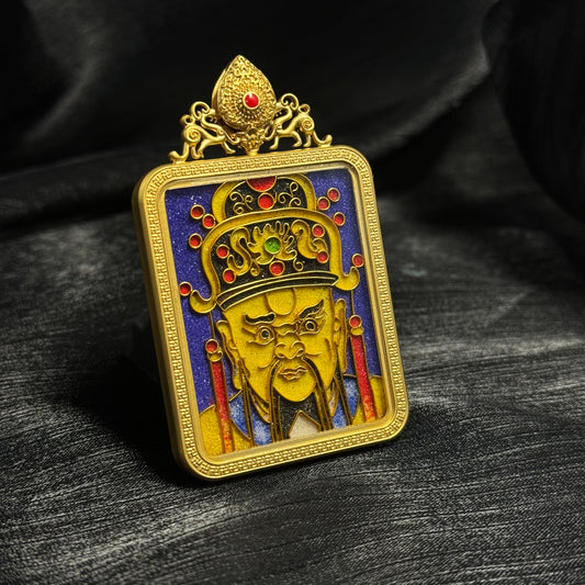 A 4x5cm cloisonné Dragon King (龙五爷) Thangka pendant with copper 24K gold-plated casing, representing wealth and blessing in Buddhist and folk tradition.
