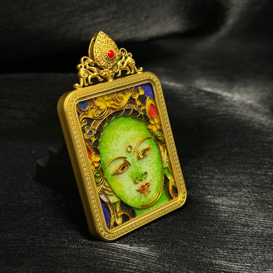 A 4x5cm cloisonné Green Tara Thangka pendant with copper 24K gold-plated casing, representing blessing, marriage, career and affinity in Buddhist tradition.